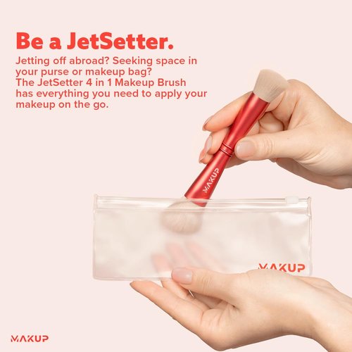 MAKUP JetSetter 4 in 1 Travel Makeup Brush - All in One Set includes Kabuki Liquid Foundation, Blush, Contour, Eyeshadow & Angeled Brush for Brow and Eyeliner. Luxurious, Ultra Soft, Vegan Bristles.