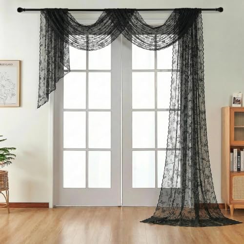 NAPEARL Black Lace Bed Curtain - 57 x 216 Inch Floral Drapery for Canopy & Window Decor - Variation: Black Ginkgo Lace 54"W x 216"L