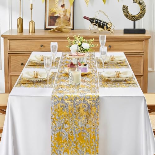 Black Gold Glitter Sequin Metallic Foil Table Runner 9ft 2pcs - Party Decor
