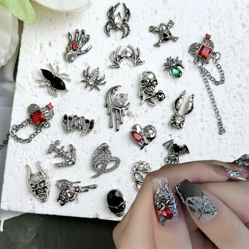 Halloween Nail Charms Set 20Pcs Gothic 3D Metal Spider Bat Skull Moon Gems Variation of THIS listing