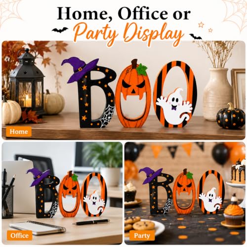 Halloween BOO Table Decorations Set - Wooden Tiered Tray Decor for Fall & Spooky Events