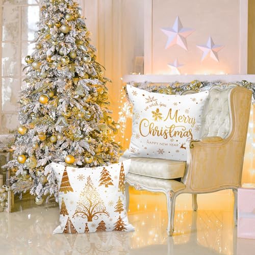 Gold and White Bronzing Christmas Throw Pillow Covers Set of 4 22x22 Inches - Holiday Cushion Cases for Home Decor