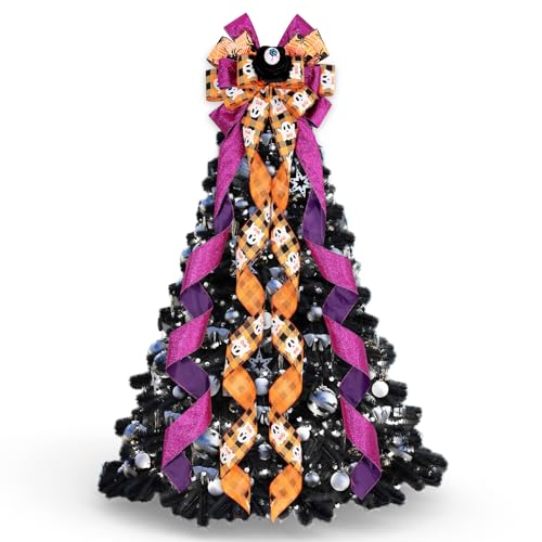 Large Halloween Tree Topper Bow - Spooky Ghosts, Eyeballs & Black Roses Decoration