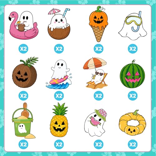 Summer Halloween Cupcake Toppers Set - 24 Assorted Beach & Ghost Designs for Birthday & Party Decor