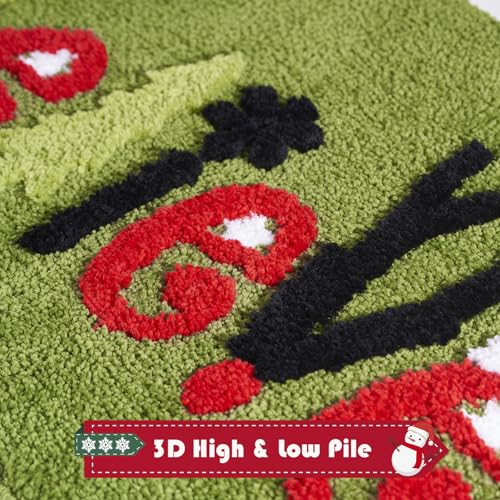 Green Christmas Believe Runner Rug with Snowflakes and Reindeer - Non-Slip Winter Decor, 47x20 inches