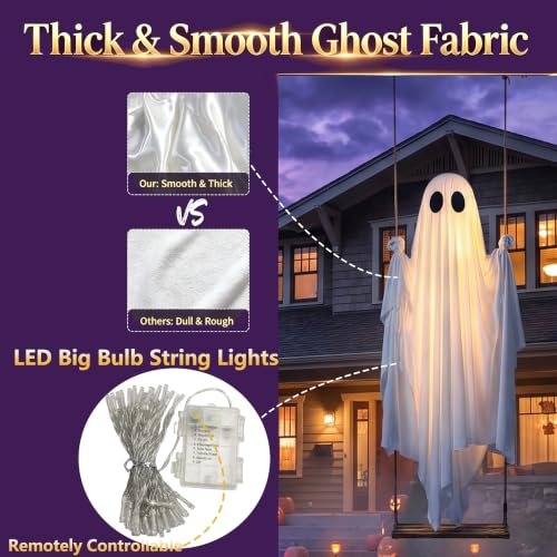 Large 5FT Hanging Ghost Swing Halloween Decor with 13FT Adjustable Length and Lights - Outdoor Yard Decoration