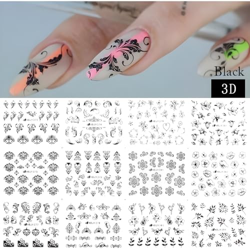 Black Nail Art Stickers Set - Style 3 Self Adhesive Floral & Lace Decals for DIY Nails