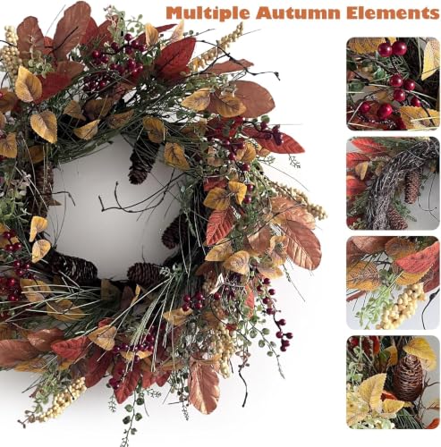Fall Wreath for Front Door 24 Inch Artificial Red Broad Leaves Burgundy Berry