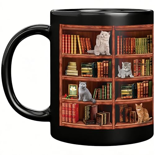 Book Lover Mug - 11oz Ceramic Coffee Cup with Book and Cat Design
