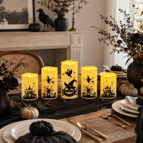 Halloween Flameless LED Pillar Candles with Remote Timer - 5 Pack