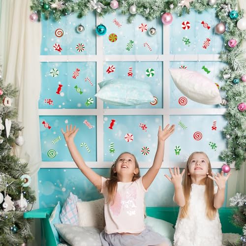 Candy Cane Christmas Gel Window Clings - Peppermint Lollipop Design, 50 Pack