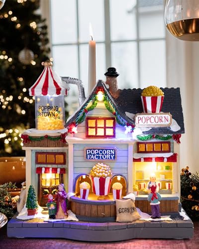 Christmas Village Lighted Decoration Animated Display Musical Popcorn Factory Whimsical