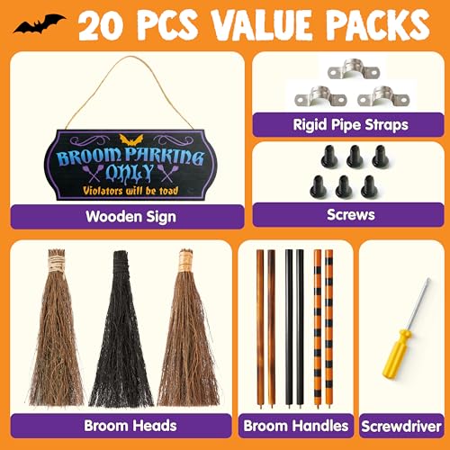 Halloween Broom Parking Sign with Wooden Witch Brooms - Outdoor Porch Decor