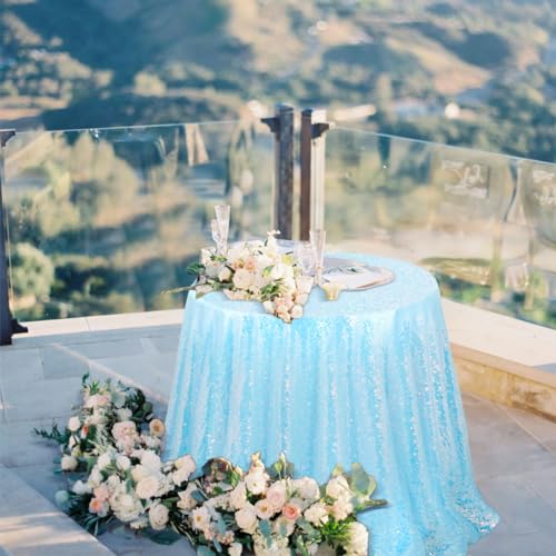 Iridescent Aqua Sequin Round Tablecloth 90 Inch Sparkle Glitter Cover for Weddings & Parties