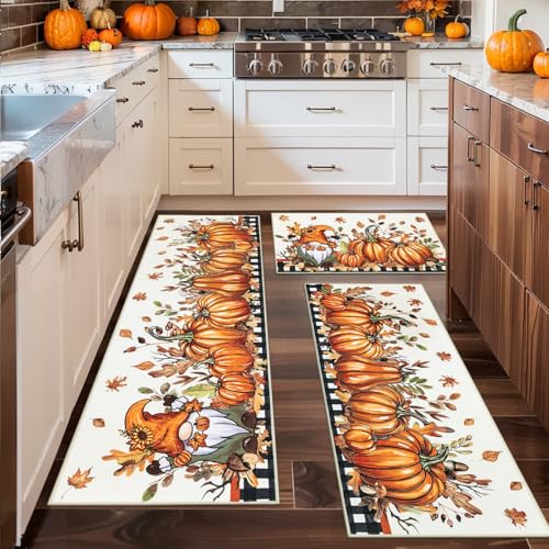 Fall Kitchen Rugs Set of 3 - Washable Pumpkin Runner Rug with Dwarf Pumpkins Variation
