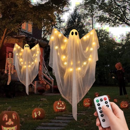 Halloween Hanging Ghost Decorations 2-Pack, 51-Inch Lighted Spooky Ghosts