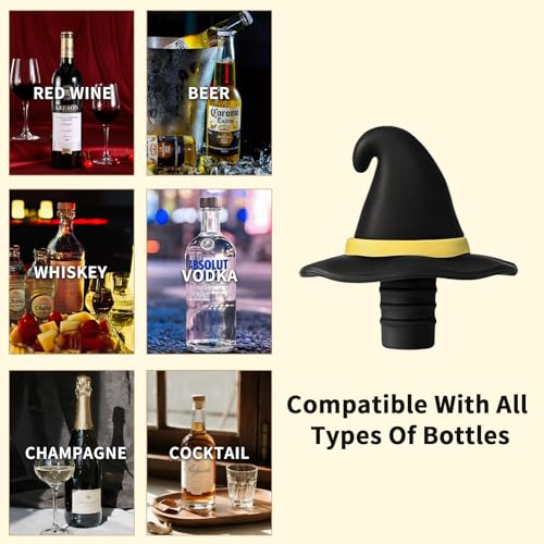 2 PCS Witch Hat Wine Stoppers - Halloween Party Wine Bottle Seals - Black & Yellow