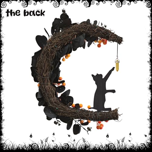 Halloween Black Cat Half-Moon Wreath with Black Rose & Orange Berries - Orange Variation