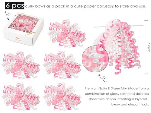 Pink & White Curly Gift Bows - 7 Inch Self-Adhesive & Tie-On for Gift Wrapping - 6 Pack