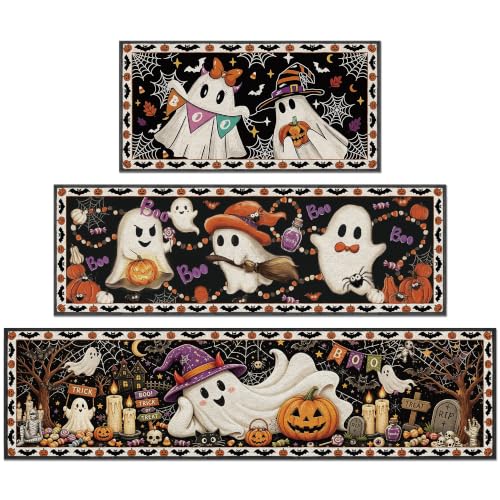 Halloween Ghost Kitchen Rugs Set - Orange & Purple, 3 Sizes, 16x31/47/59 in - Festive Fall Decor