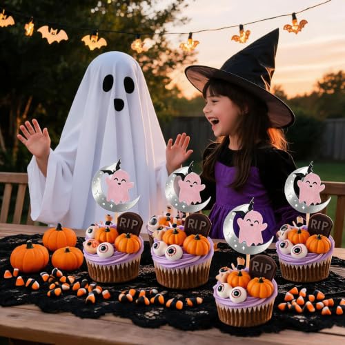 LANGE HOME Halloween Cupcake Toppers Bat Ghost Boo Set - Design 3 - 24 Pcs
