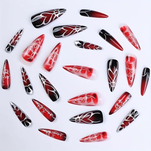 Press On Nails Long Stiletto Goth Red Black Design - 24 pcs with Glue - Variation 02305-10Red&Black