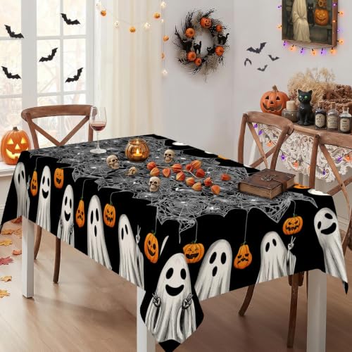 Halloween Black Rectangular Tablecloth 60 x 84 Inch Spider Web Ghost Design - Festive Party Decor