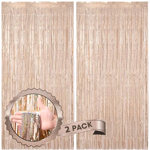 Laser Champagne Foil Fringe Backdrop Curtains - 2 Pack, 3.3x8.2 Ft - Variation of Laser Champ / 2