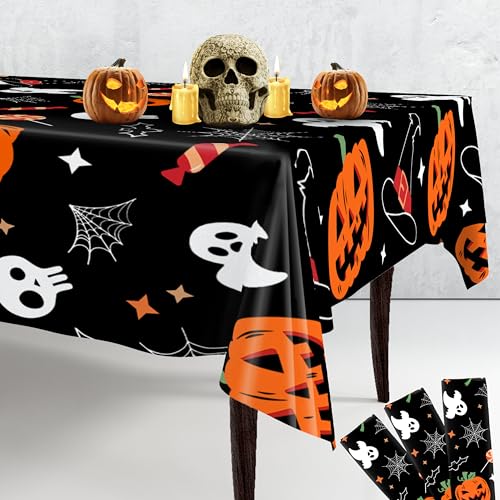 Halloween Tablecloths Pack of 3 - Black & Orange Spooky Design 54x108 Inches
