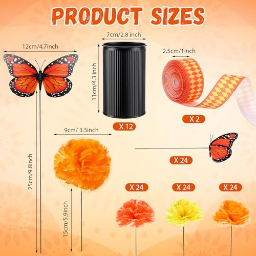 Dia De Los Muertos Altar Decorations Set - 110 Pcs with Marigold Flowers Monarch Butterflies Ribbon