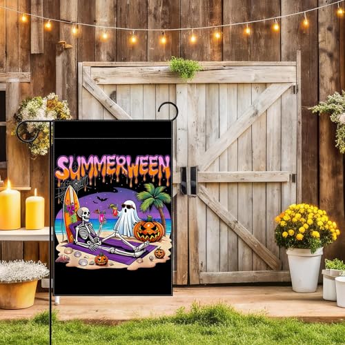 Summerween Garden Flag Spooky Skeleton Ghost Halloween Yard Decor 13x19in