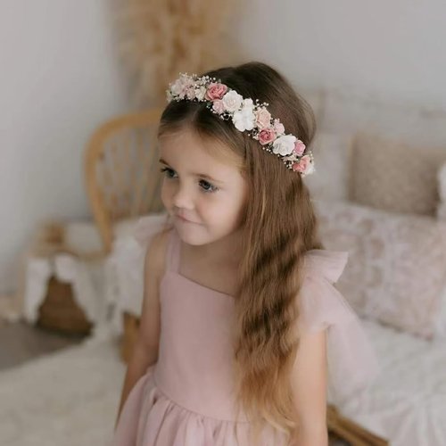 PoshMyra White Flower Girl Crown with Baby's Breath Headpiece Young Girl Communion Floral Hair Wreath Rustic Wedding Hair Accessories Headband for Child(43cm length)