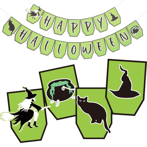 Halloween Banner Green Witch Black Cat Hanging Bunting Flag Party Decorations