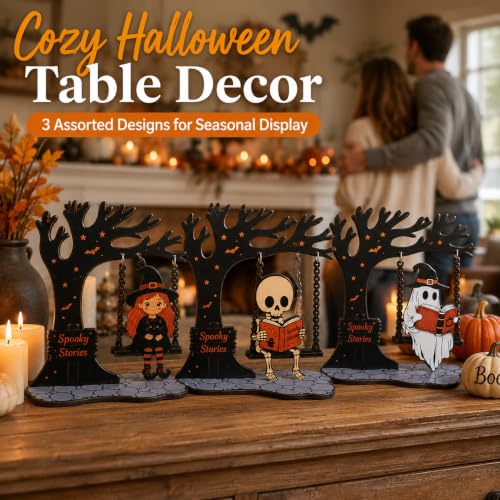 Wooden Halloween Tabletop Decorations Set with Swinging Motions - 3 Pieces