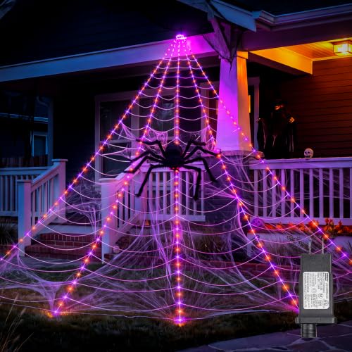 Halloween Outdoor Decorations Giant Spider Web Lights - Orange & Purple, 255 LEDs, 8 Modes