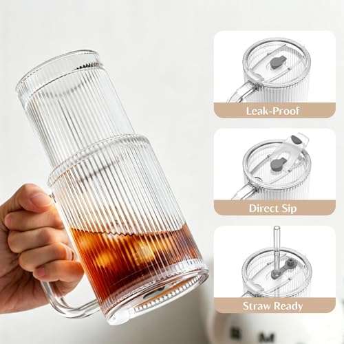 24 oz Ribbed Glass Tumbler with Handle - 2 Pack, Spill-Resistant Lid & Reusable Straw