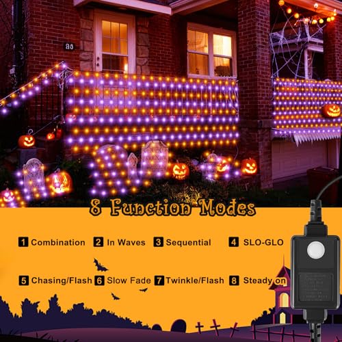 Halloween Net Lights Outdoor 360 LED String Lights - Orange & Purple - 12x5 FT with 8 Modes & Connectable, IP65 Waterproof, Festive Decoration