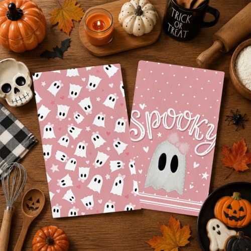 Halloween Pink Ghost Kitchen Towels Set of 2 - Absorbent Dish & Hand Towels