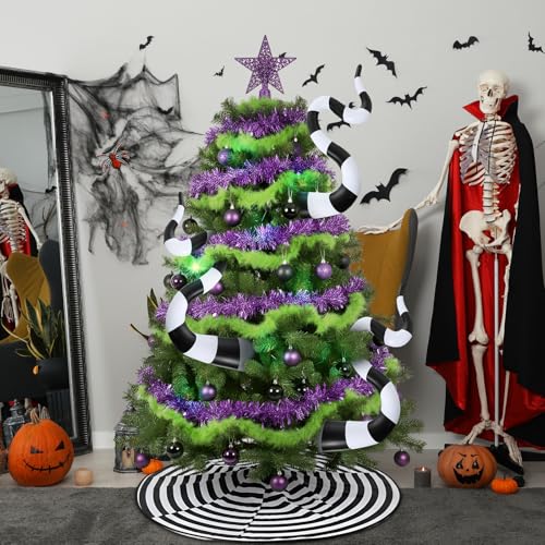 Halloween Tree Decor Skirt - 47 Inch Green Feather Boa & Black-White Sandworm Set