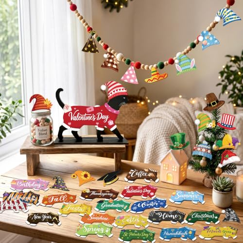 Black Cat Interchangeable Seasonal Desk Decor Sign with Magnet Pieces - Pet Lover Gift