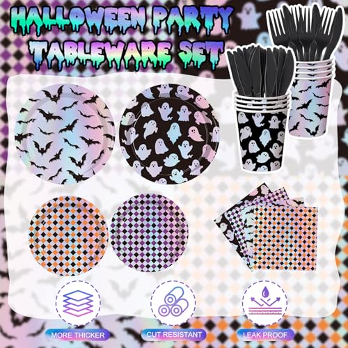 Halloween Paper Plate and Napkin Set with Ghost & Bat Laser Design - 24 Pack