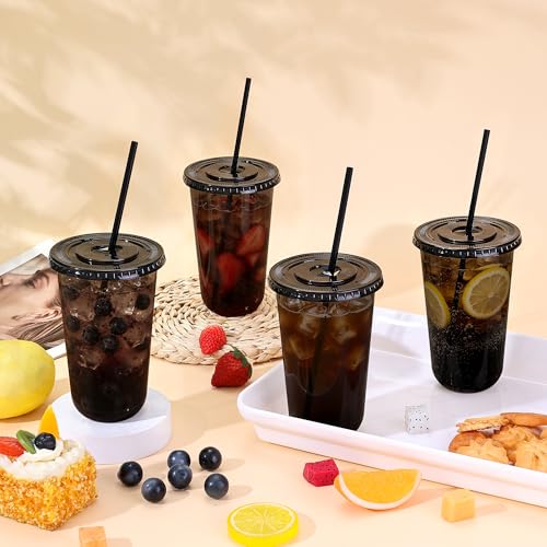 tchrules 100 Set 18oz Black Disposable Plastic Cups with Lids & Straws - Variation of Black / 18oz / 100