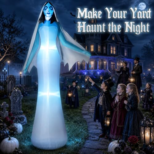 12FT Giant Halloween Inflatable Ghost Bride with Blue LED Lights Outdoor Decor