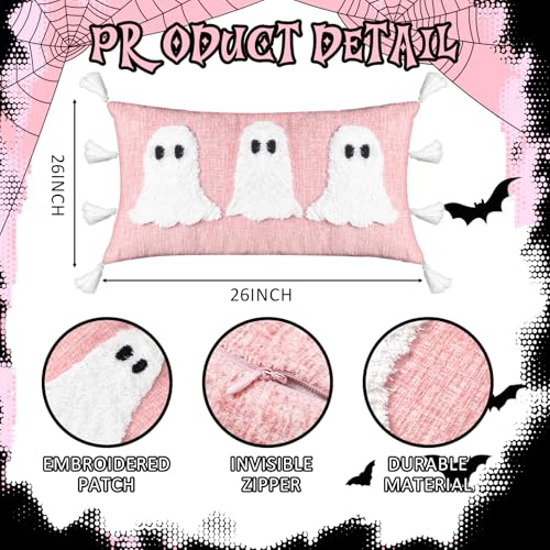 Halloween Ghost Lumbar Throw Pillow with Tassels - Pink, 14x26 Inches