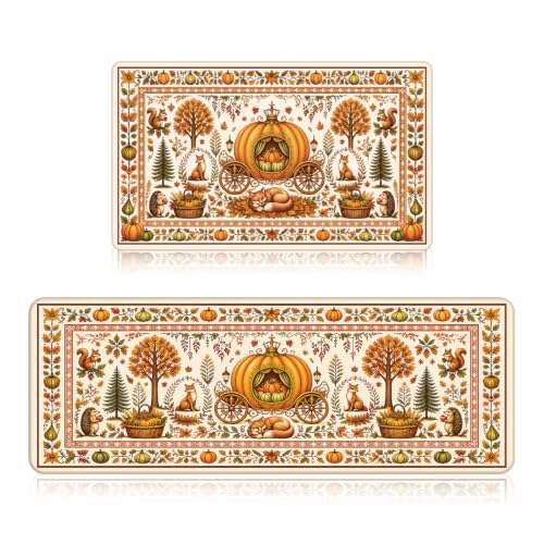 Orange Fall Pumpkin Carriage Kitchen Mat - Autumn Decor, Non-Slip, Washable
