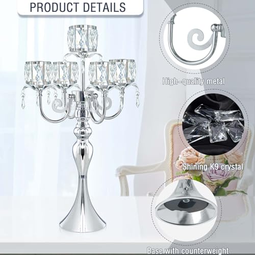 Crystal Candle Holder with Square Bowl - Silver 5-Arm 22-Inch Centerpiece for Weddings & Events - Variation: Square-Crystal Bowl