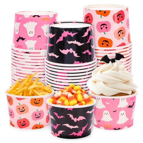 Pink Halloween Snack Cups - 60 Disposable Paper Bowls for Treats & Snacks