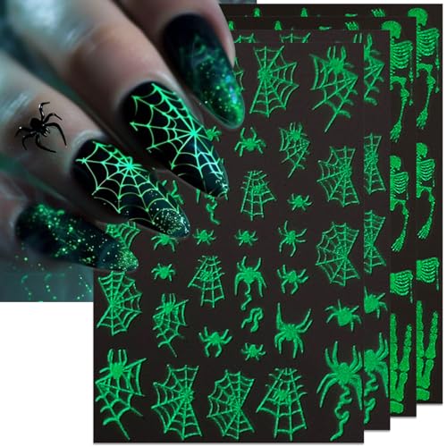Halloween Glow in The Dark Nail Stickers - 3D Skeleton & Spider Web Decals - Self-Adhesive Nail Art, 4 Sheets - Variation of This Listing