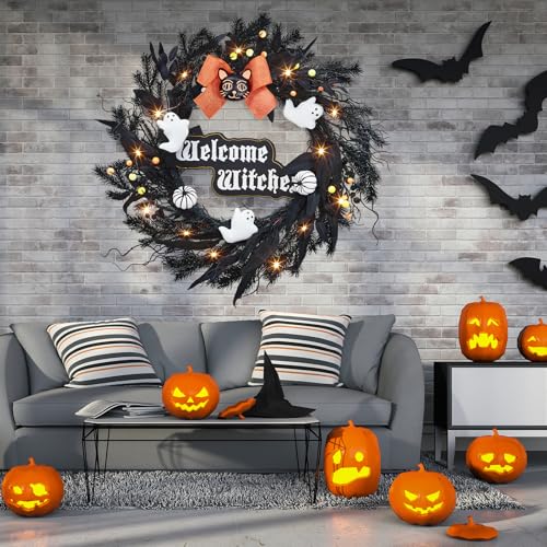 22-Inch Halloween Wreath with 20 LED Lights for Front Door Indoor Outdoor Decor