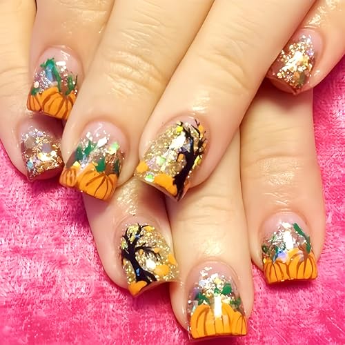 Fall Pumpkin French Tip Press On Nails Short Square Glitter Artificial Nails for Women - Autumn Variation